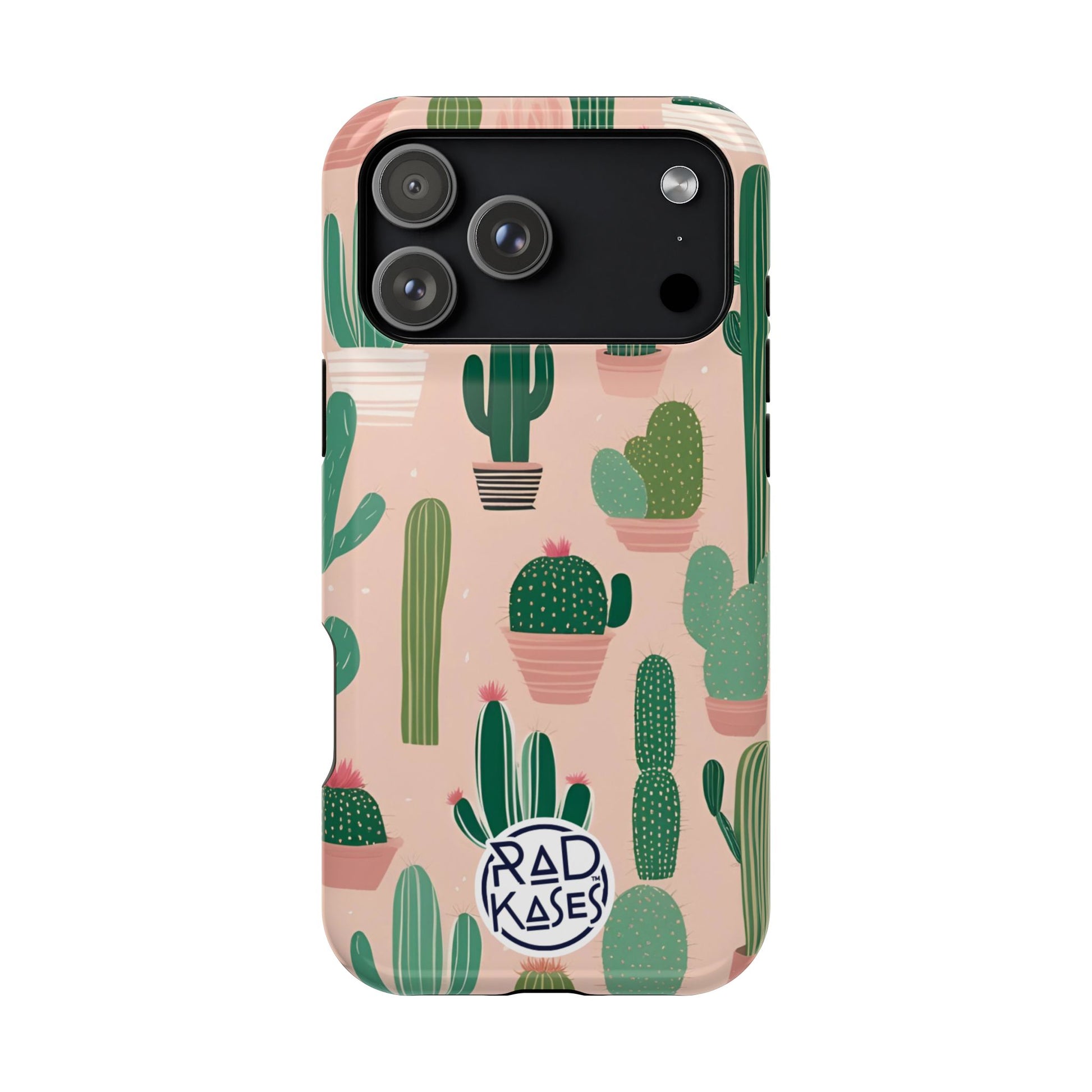 Phone case with cactus pattern and 'RAD KASES' branding on a white background