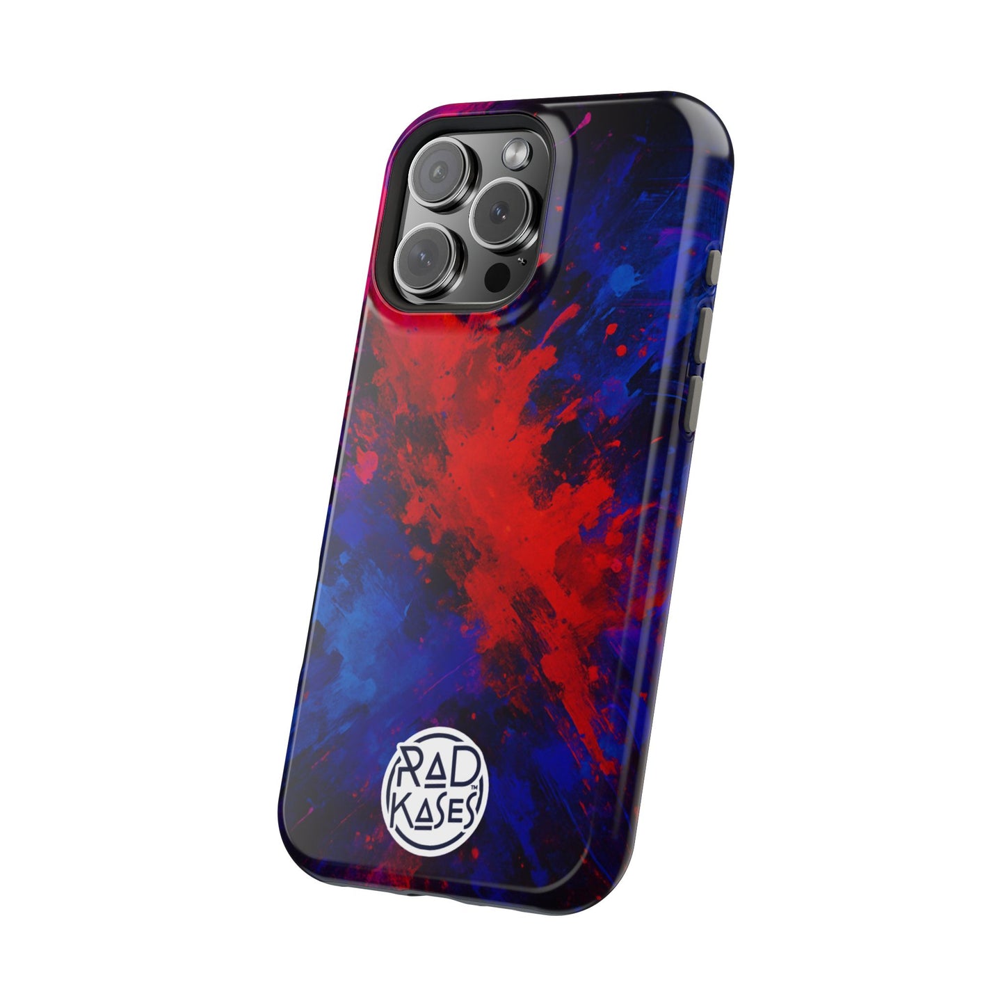 Phone case with red and blue abstract design on a white background