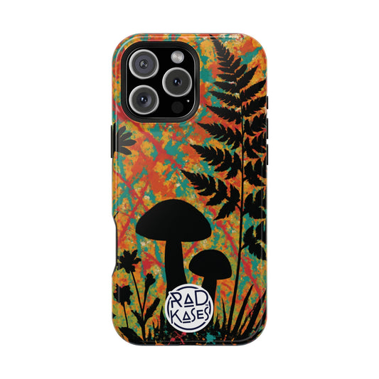 Phone case with tie-dye design and black silhouette of mushrooms and plants, featuring RADKASES branding 