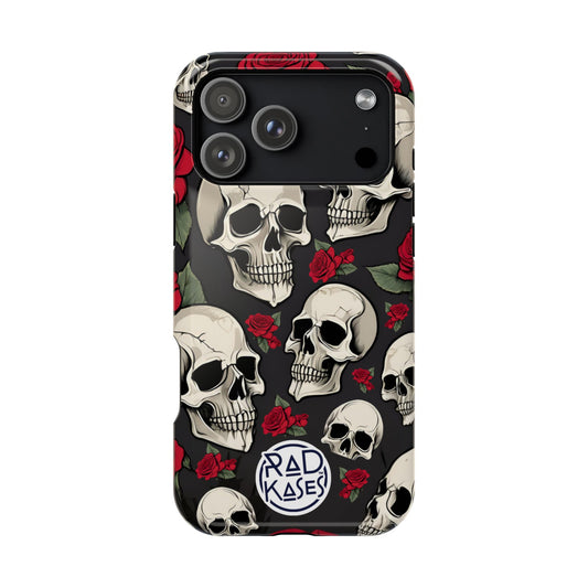 Phone case with skull and rose pattern on a black background